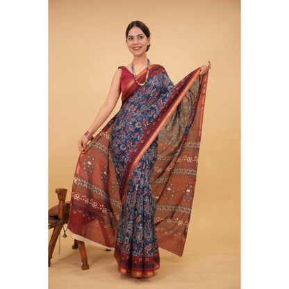 Isadora Life Womens Printed Blue Pre-Draped Saree with Unstitched Blouse
