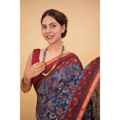 Isadora Life Womens Printed Blue Pre-Draped Saree with Unstitched Blouse