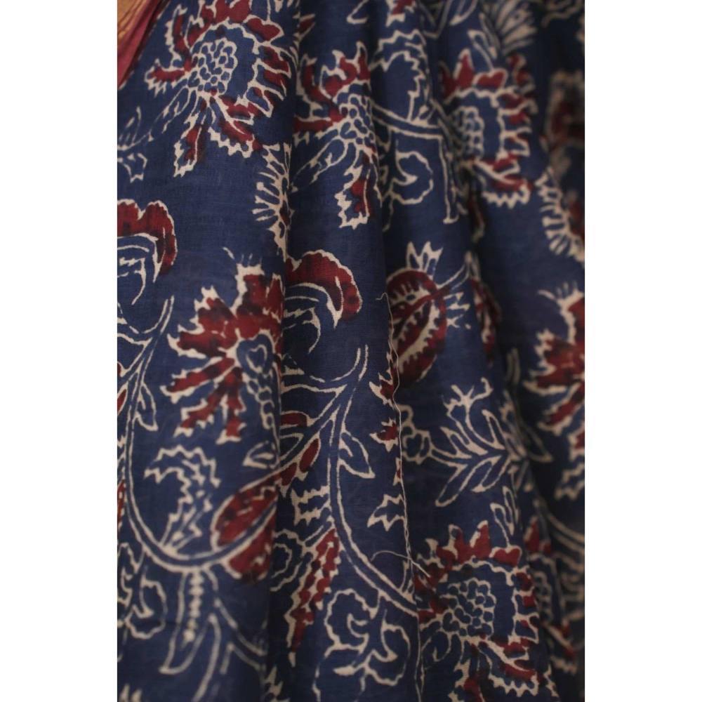 Isadora Life Womens Printed Blue Pre-Draped Saree with Unstitched Blouse