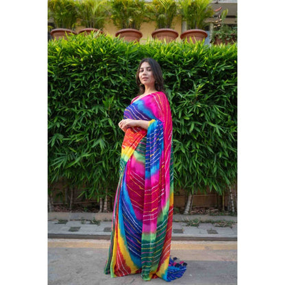 Isadora Life Womens Tie & Dye Tassels Multi-Color Pre-Draped Saree with Unstitched Blouse