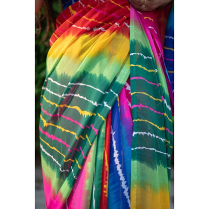 Isadora Life Womens Tie & Dye Tassels Multi-Color Pre-Draped Saree with Unstitched Blouse