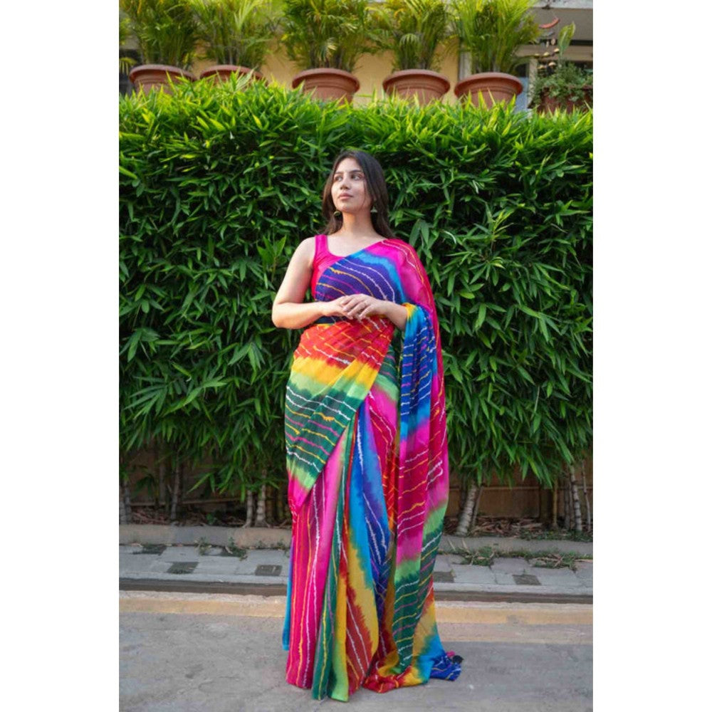 Isadora Life Womens Tie & Dye Tassels Multi-Color Pre-Draped Saree with Unstitched Blouse