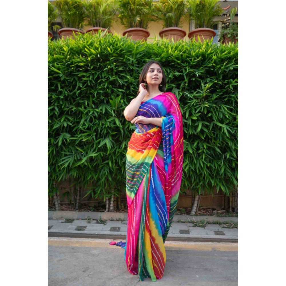Isadora Life Womens Tie & Dye Tassels Multi-Color Pre-Draped Saree with Unstitched Blouse