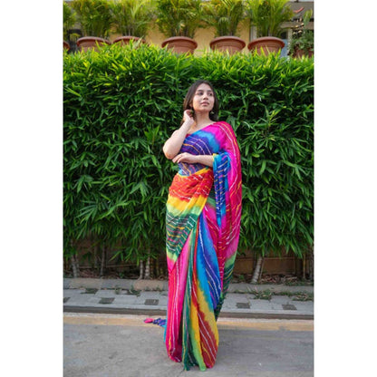 Isadora Life Womens Tie & Dye Tassels Multi-Color Pre-Draped Saree with Unstitched Blouse