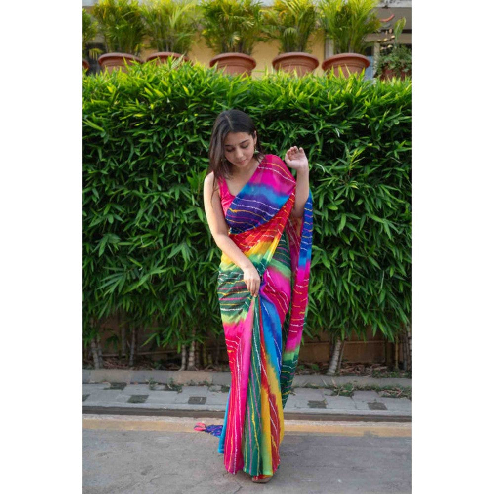 Isadora Life Womens Tie & Dye Tassels Multi-Color Pre-Draped Saree with Unstitched Blouse