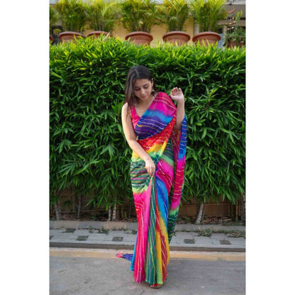Isadora Life Womens Tie & Dye Tassels Multi-Color Pre-Draped Saree with Unstitched Blouse