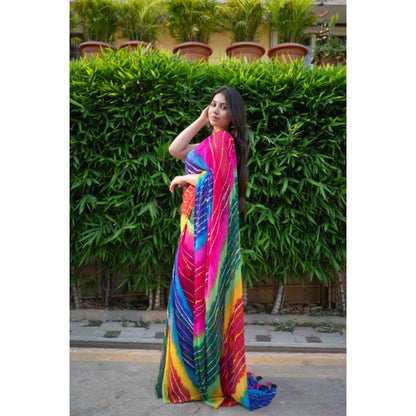 Isadora Life Womens Tie & Dye Tassels Multi-Color Pre-Draped Saree with Unstitched Blouse