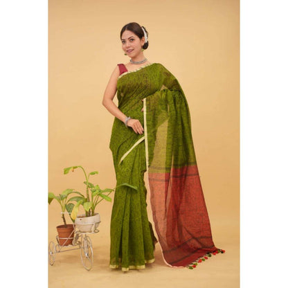 Isadora Life Womens Printed Tassels Green Pre-Draped Saree with Unstitched Blouse