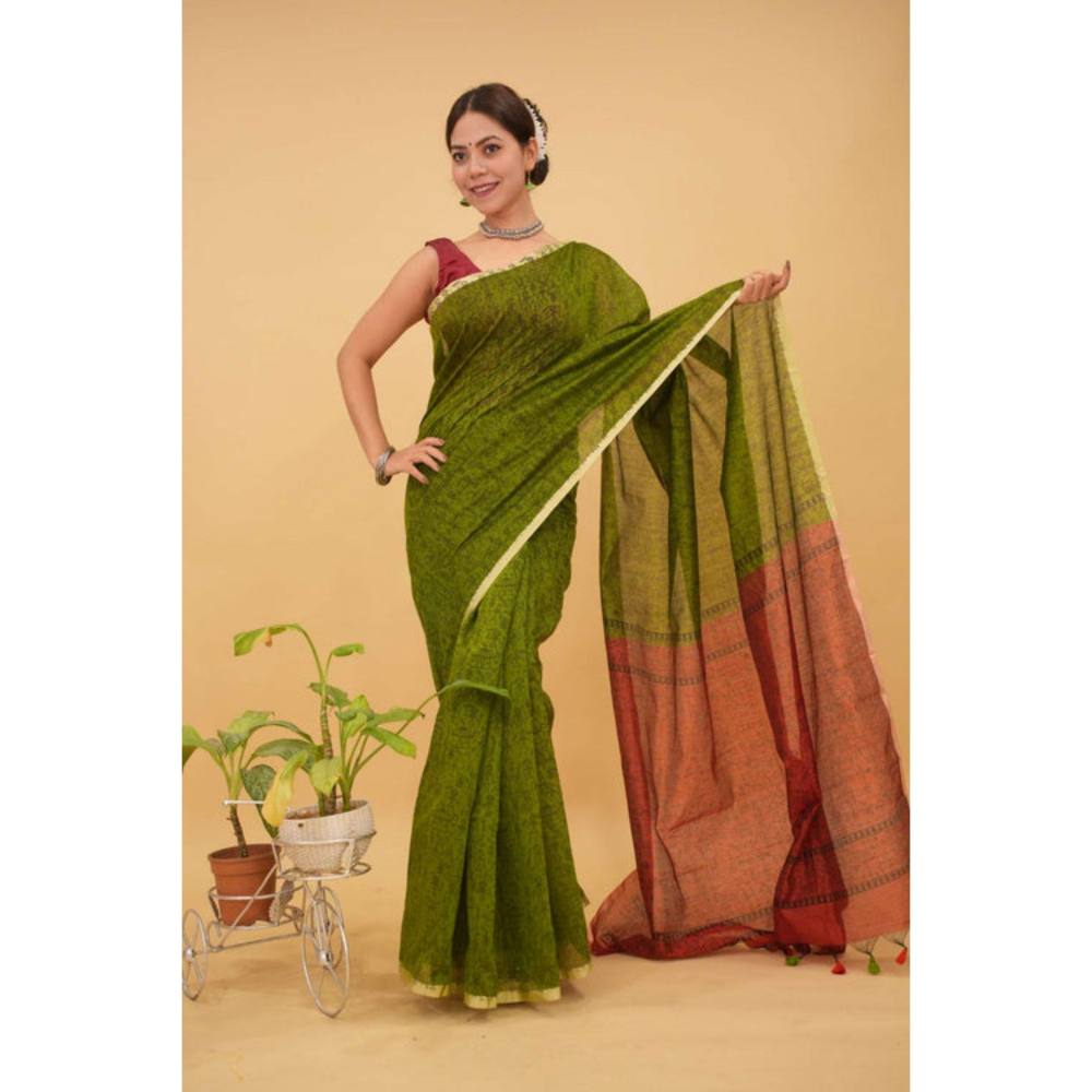 Isadora Life Womens Printed Tassels Green Pre-Draped Saree with Unstitched Blouse