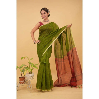 Isadora Life Womens Printed Tassels Green Pre-Draped Saree with Unstitched Blouse