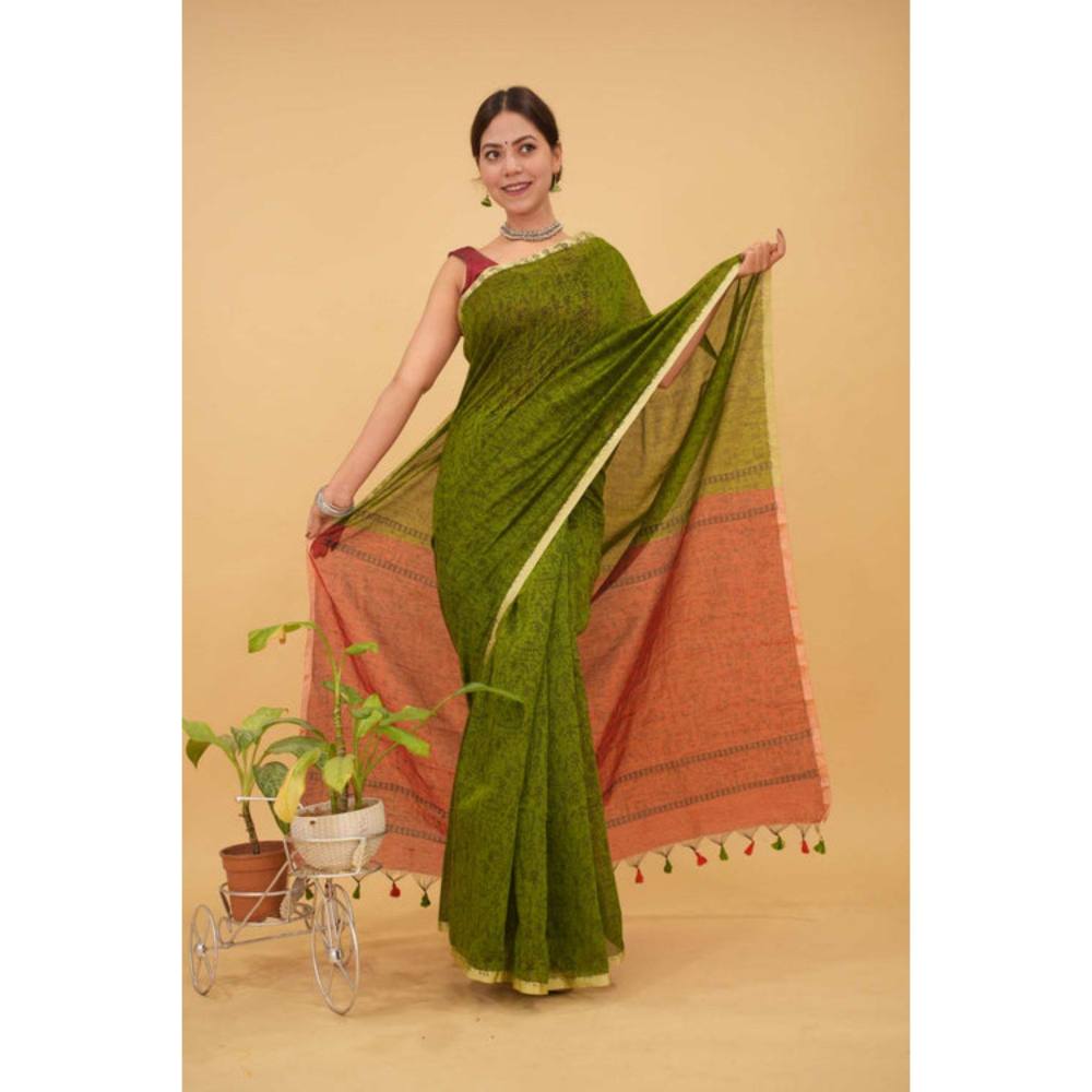Isadora Life Womens Printed Tassels Green Pre-Draped Saree with Unstitched Blouse