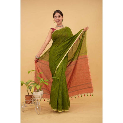 Isadora Life Womens Printed Tassels Green Pre-Draped Saree with Unstitched Blouse