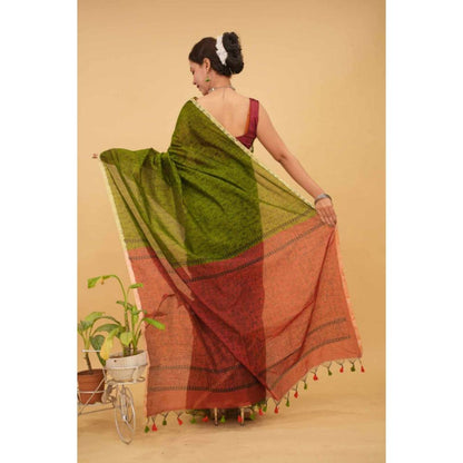 Isadora Life Womens Printed Tassels Green Pre-Draped Saree with Unstitched Blouse