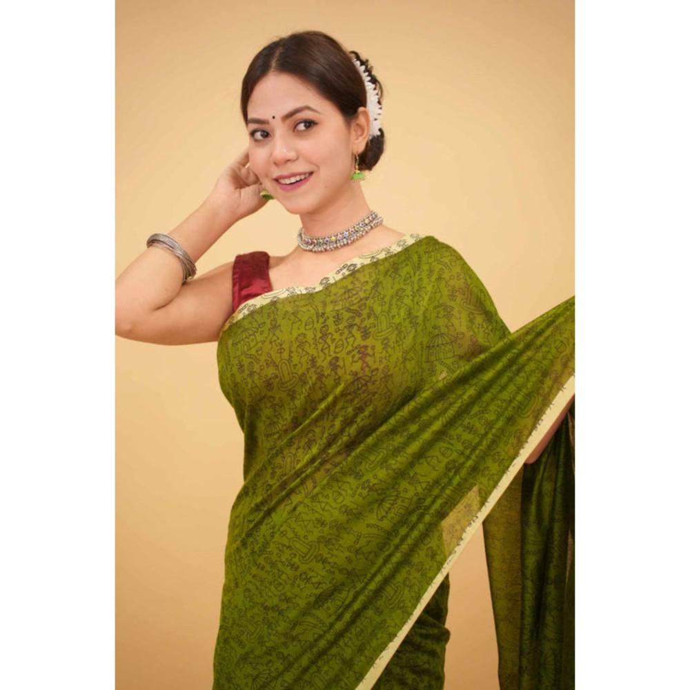 Isadora Life Womens Printed Tassels Green Pre-Draped Saree with Unstitched Blouse