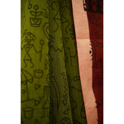 Isadora Life Womens Printed Tassels Green Pre-Draped Saree with Unstitched Blouse