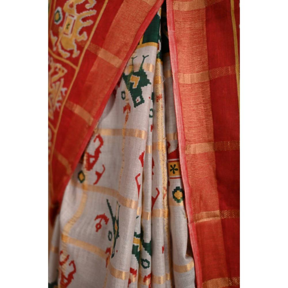 Isadora Life Womens Printed Multi-Color Pre-Draped Saree with Unstitched Blouse