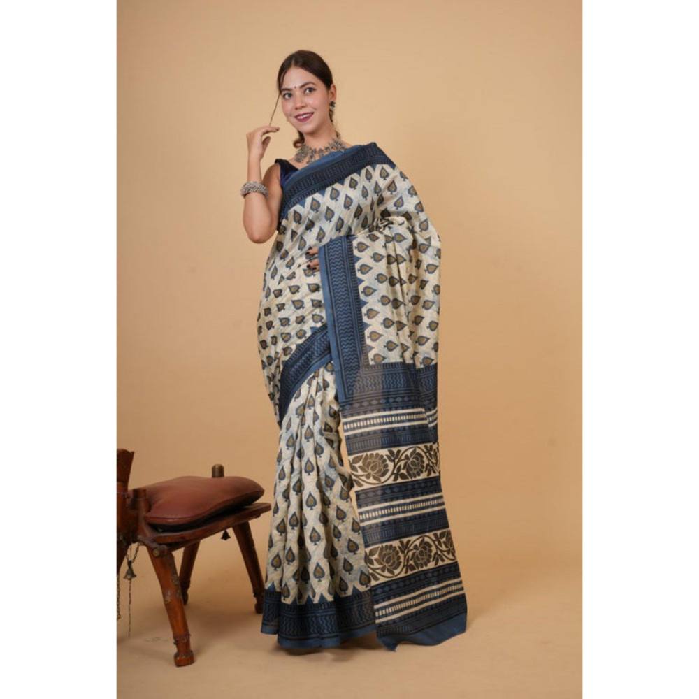 Isadora Life Womens Block Print Off White Pre-Draped Saree with Unstitched Blouse