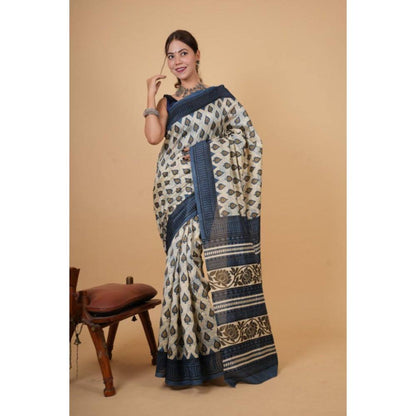 Isadora Life Womens Block Print Off White Pre-Draped Saree with Unstitched Blouse