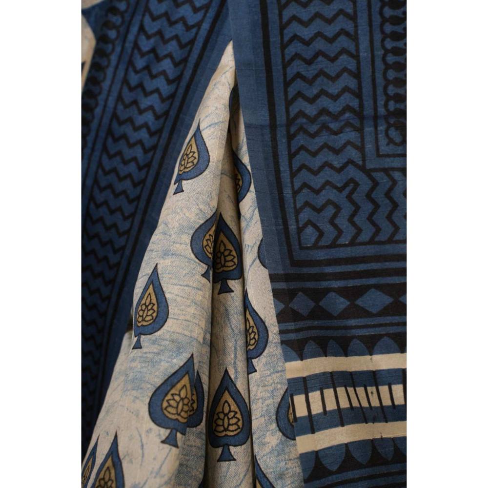 Isadora Life Womens Block Print Off White Pre-Draped Saree with Unstitched Blouse