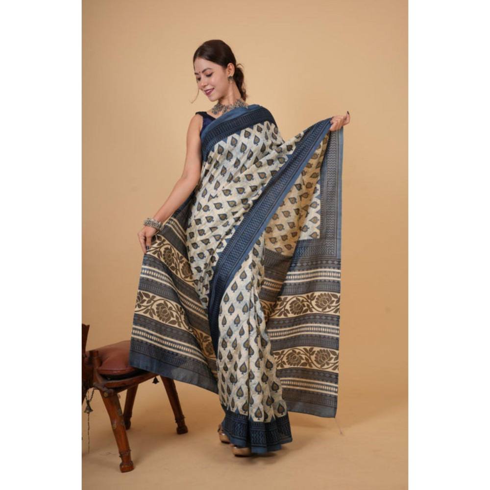 Isadora Life Womens Block Print Off White Pre-Draped Saree with Unstitched Blouse