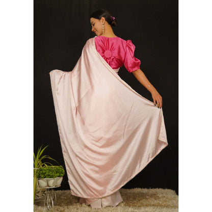 Isadora Life Womens Solid Beads Pink Pre-Draped Saree with Unstitched Blouse