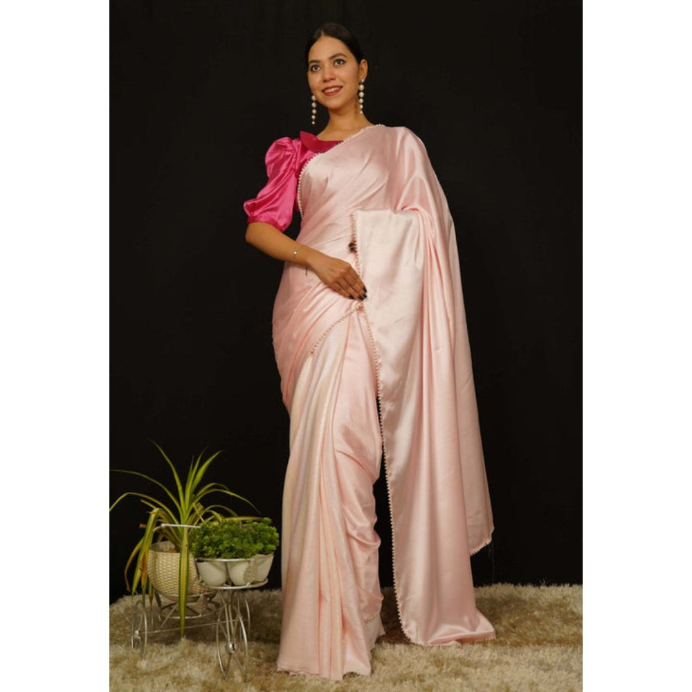 Isadora Life Womens Solid Beads Pink Pre-Draped Saree with Unstitched Blouse