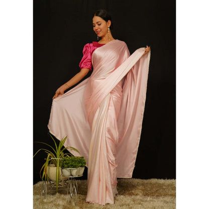 Isadora Life Womens Solid Beads Pink Pre-Draped Saree with Unstitched Blouse