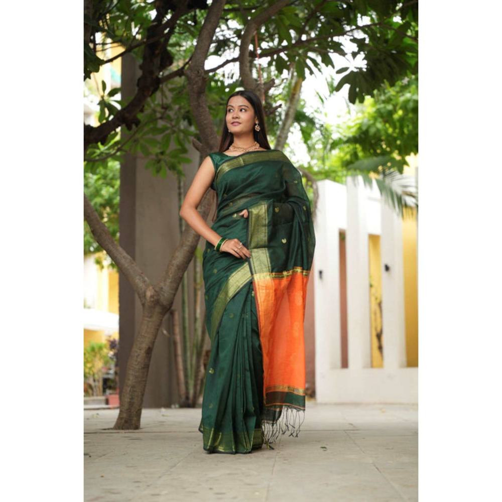 Isadora Life Womens Woven Zari Green Pre-Draped Saree with Unstitched Blouse