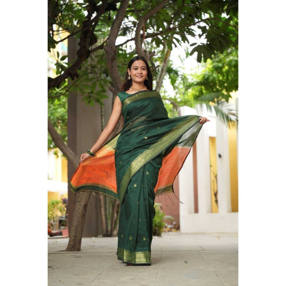 Isadora Life Womens Woven Zari Green Pre-Draped Saree with Unstitched Blouse