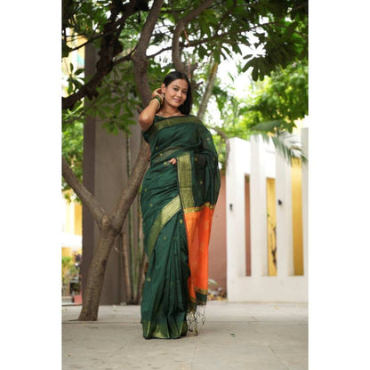 Isadora Life Womens Woven Zari Green Pre-Draped Saree with Unstitched Blouse
