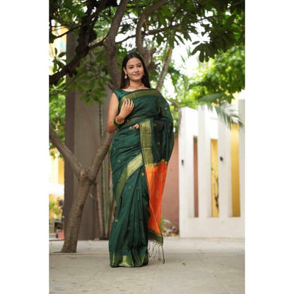 Isadora Life Womens Woven Zari Green Pre-Draped Saree with Unstitched Blouse