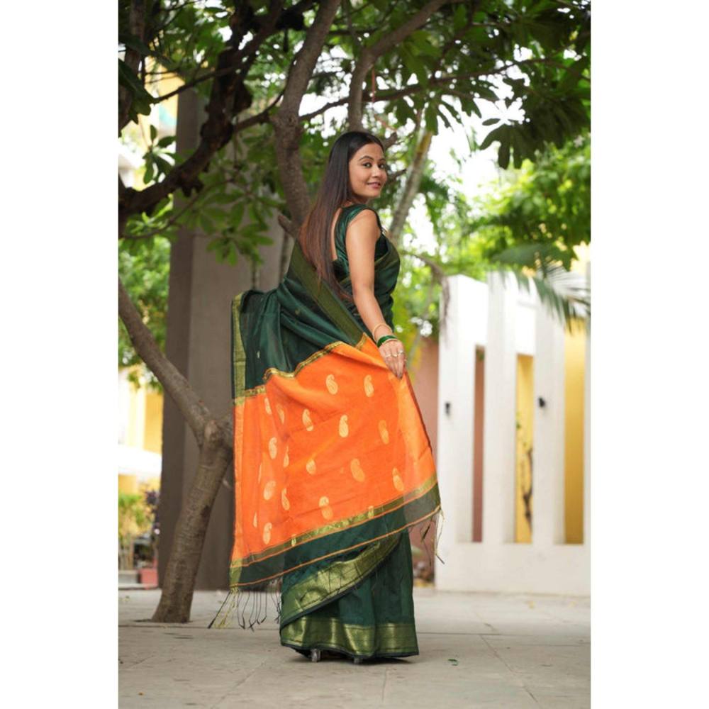 Isadora Life Womens Woven Zari Green Pre-Draped Saree with Unstitched Blouse