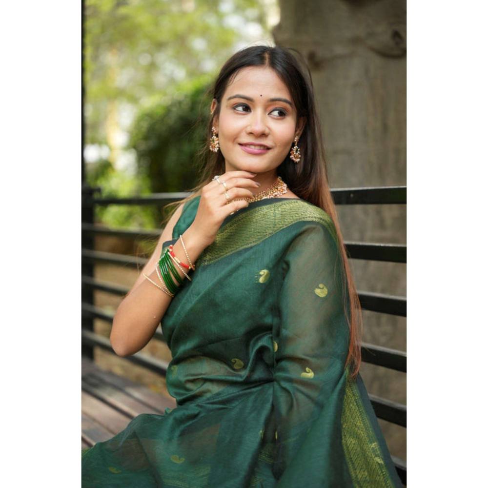 Isadora Life Womens Woven Zari Green Pre-Draped Saree with Unstitched Blouse