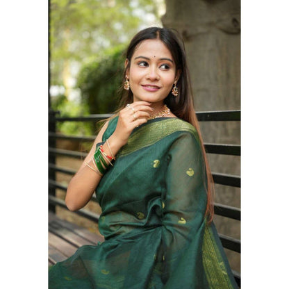 Isadora Life Womens Woven Zari Green Pre-Draped Saree with Unstitched Blouse