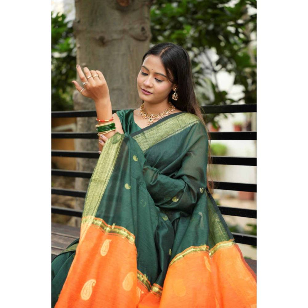 Isadora Life Womens Woven Zari Green Pre-Draped Saree with Unstitched Blouse