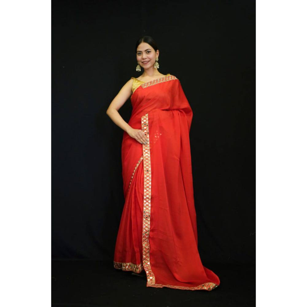 Isadora Life Womens Solid Mirror Work Red Pre-Draped Saree with Unstitched Blouse
