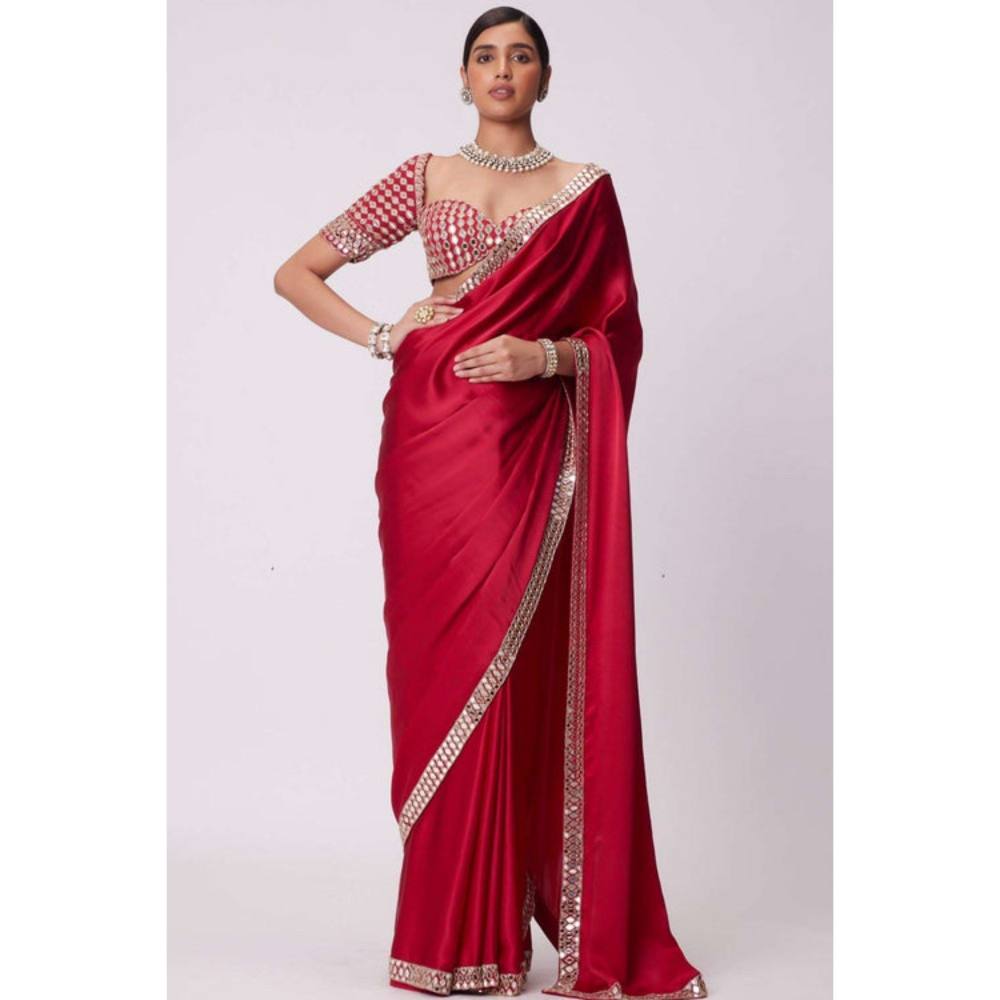 Isadora Life Womens Solid Mirror Work Red Pre-Draped Saree with Unstitched Blouse