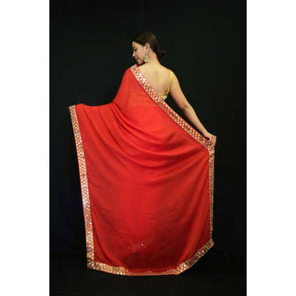 Isadora Life Womens Solid Mirror Work Red Pre-Draped Saree with Unstitched Blouse
