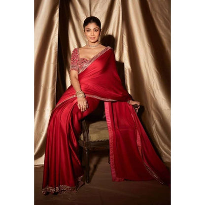 Isadora Life Womens Solid Mirror Work Red Pre-Draped Saree with Unstitched Blouse