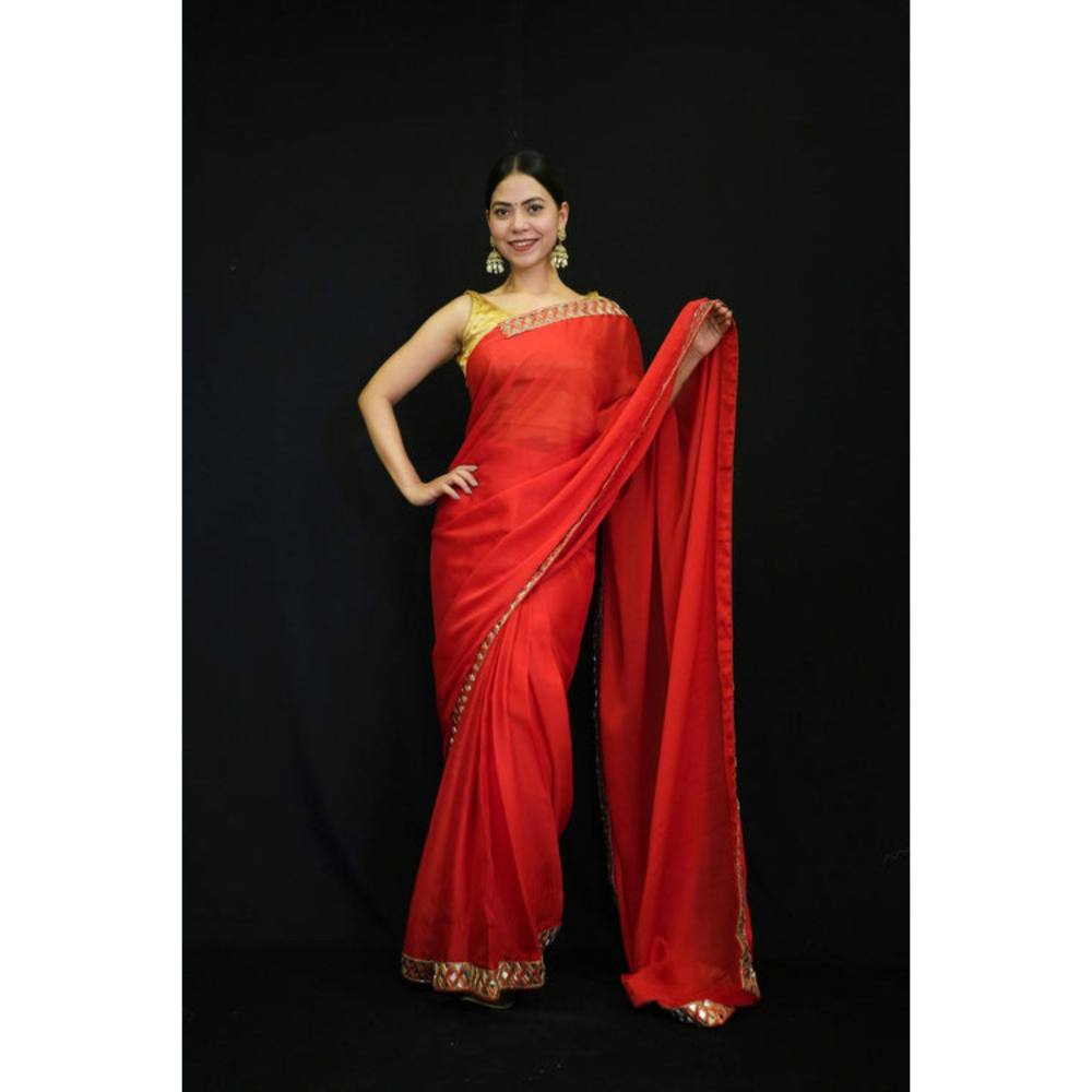 Isadora Life Womens Solid Mirror Work Red Pre-Draped Saree with Unstitched Blouse