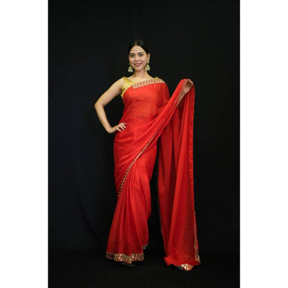 Isadora Life Womens Solid Mirror Work Red Pre-Draped Saree with Unstitched Blouse
