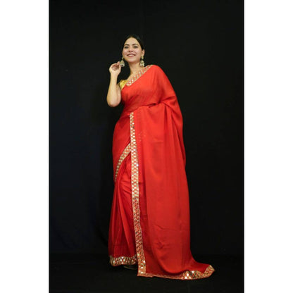 Isadora Life Womens Solid Mirror Work Red Pre-Draped Saree with Unstitched Blouse