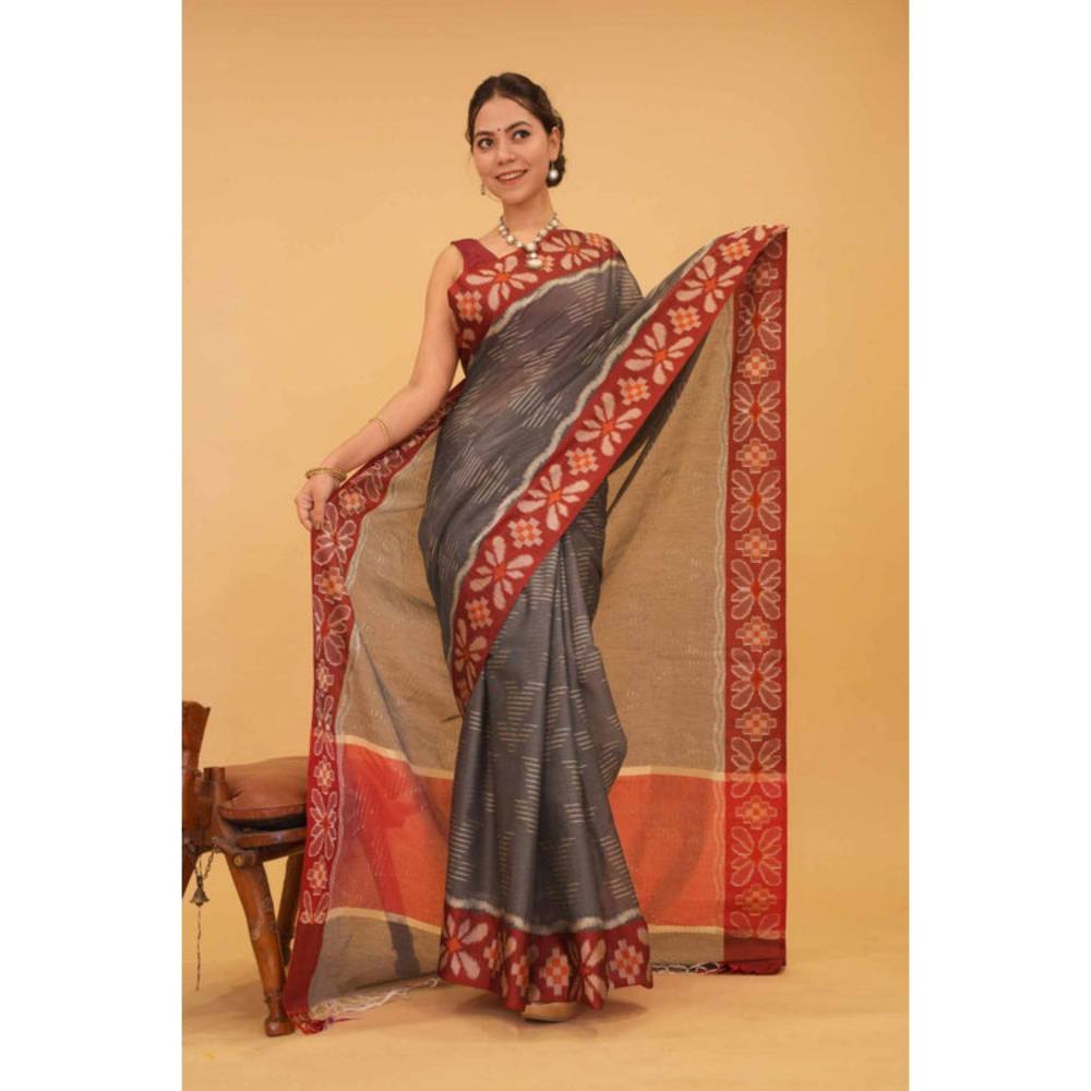 Isadora Life Womens Woven Tassels Grey Pre-Draped Saree with Unstitched Blouse