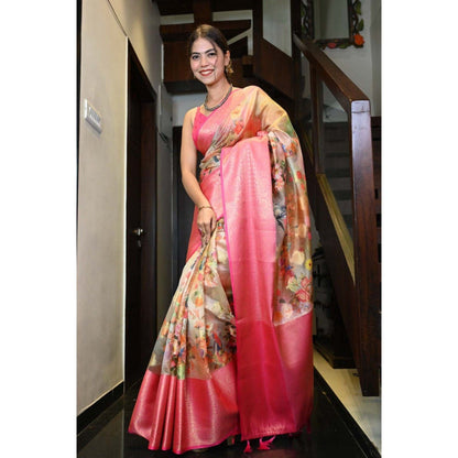 Isadora Life Womens Floral Tassels Multi-Color Pre-Draped Saree with Unstitched Blouse