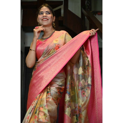Isadora Life Womens Floral Tassels Multi-Color Pre-Draped Saree with Unstitched Blouse