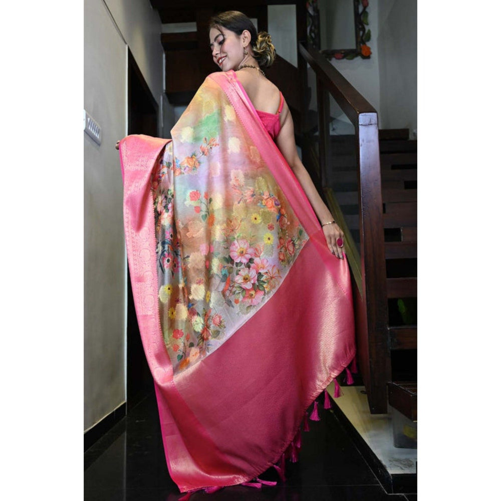 Isadora Life Womens Floral Tassels Multi-Color Pre-Draped Saree with Unstitched Blouse