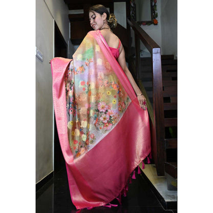 Isadora Life Womens Floral Tassels Multi-Color Pre-Draped Saree with Unstitched Blouse