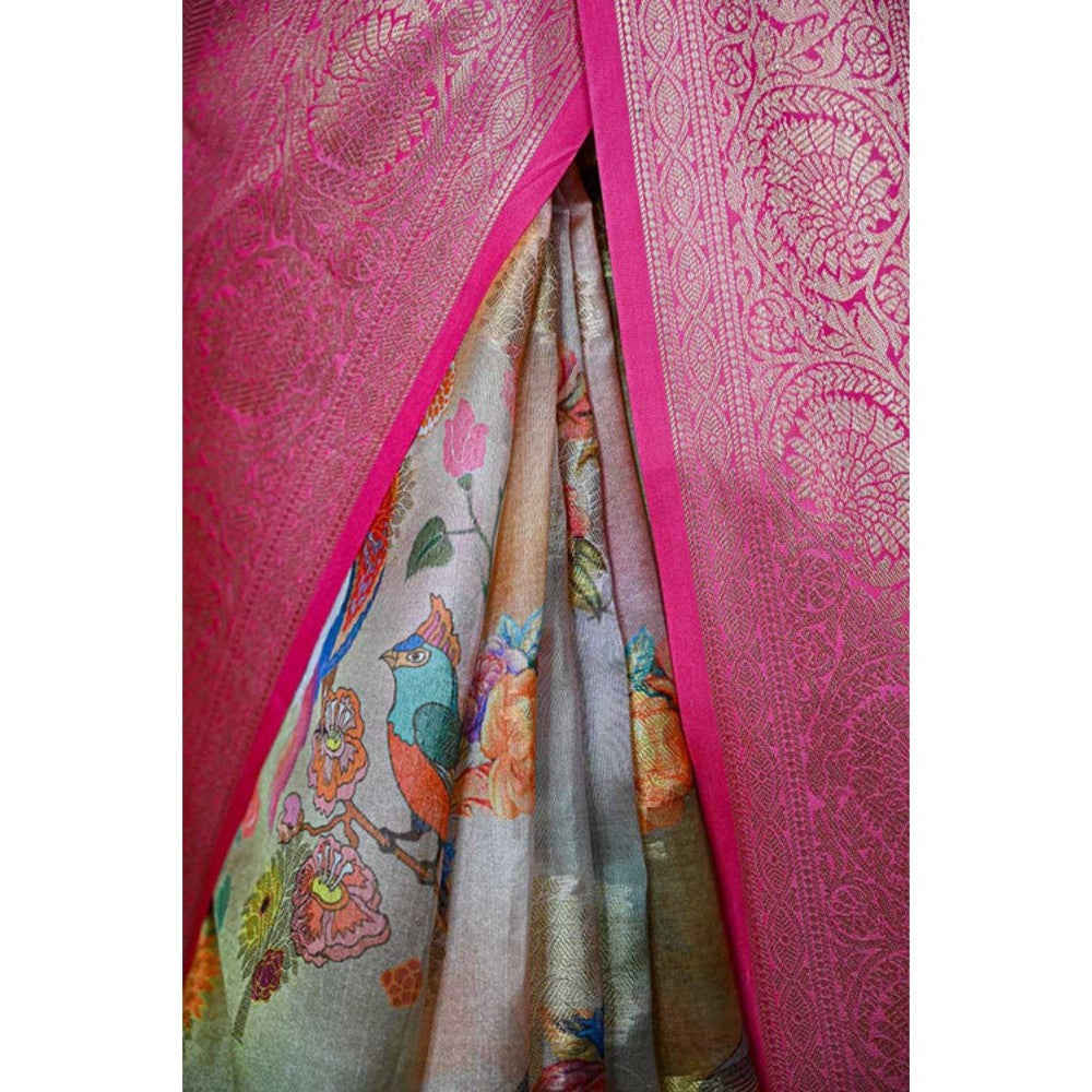 Isadora Life Womens Floral Tassels Multi-Color Pre-Draped Saree with Unstitched Blouse