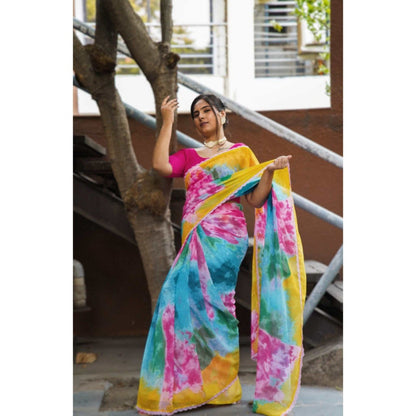Isadora Life Womens Tie & Dye Printed Multi-Color Pre-Draped Saree with Unstitched Blouse