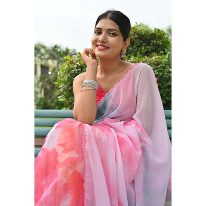 Isadora Life Womens Tie & Dye Printed Multi-Color Pre-Draped Saree with Unstitched Blouse